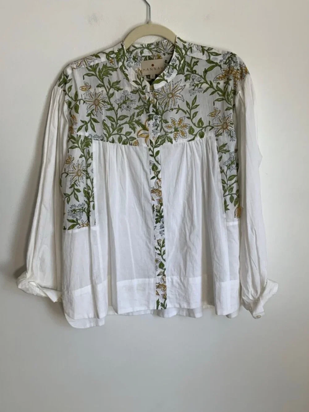 White Embroidered Cotton Blouse with Green & Yellow Floral Detail